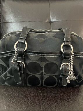 Coach Black Signature Canvas Shoulder Bag with Silver Hardware